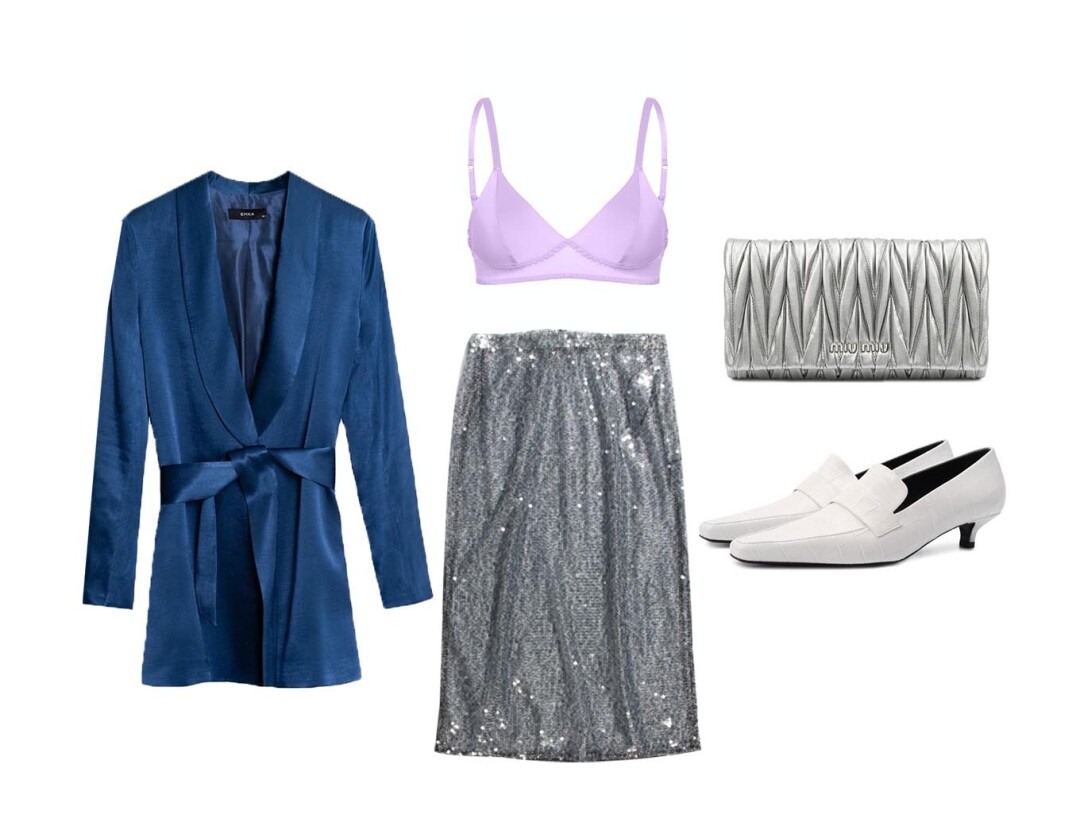 Жакет Emka 16 690 руб., юбка Wos 38 900 руб., бра Poby 12 500 руб., обувь Toteme 59 250 руб., сумка Miu Miu 180 000 руб.