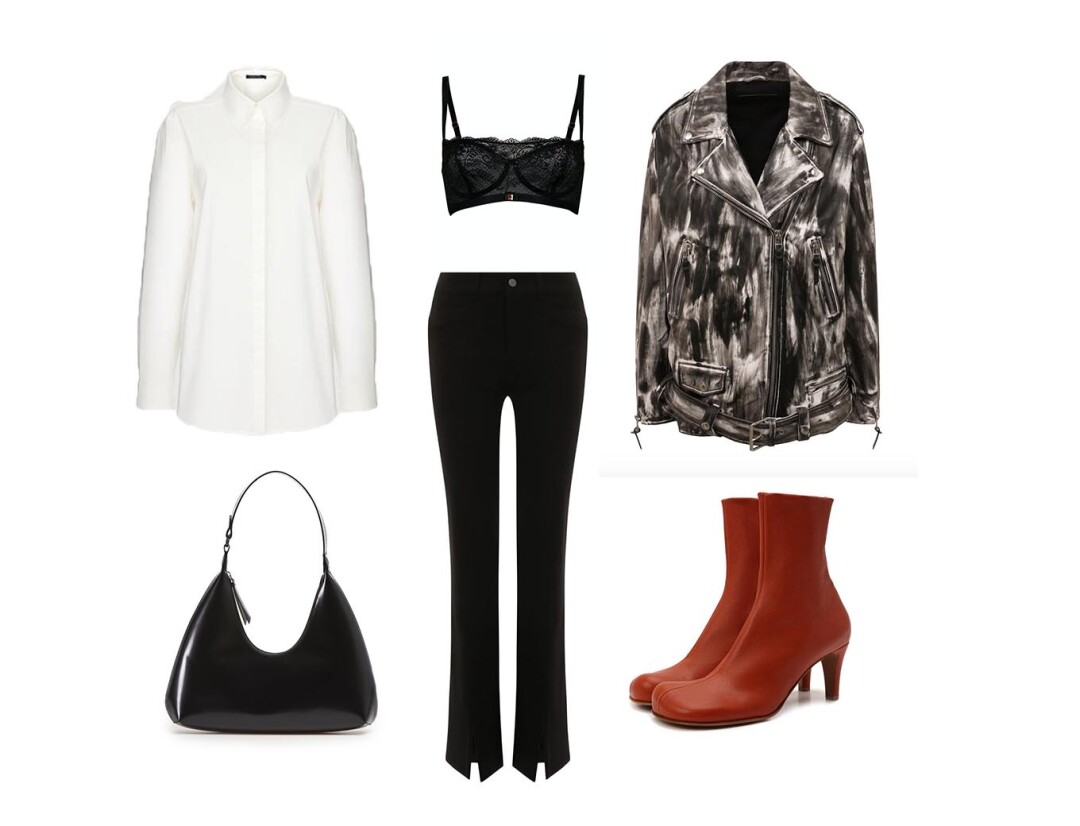 Рубашка Namelazz 7 900 руб., брюки Lvir 15 900 руб., бра Marc&Andre 6 690 руб., куртка Aline 195 000 руб., ботильоны Bottega Veneta 79 950 руб., сумка