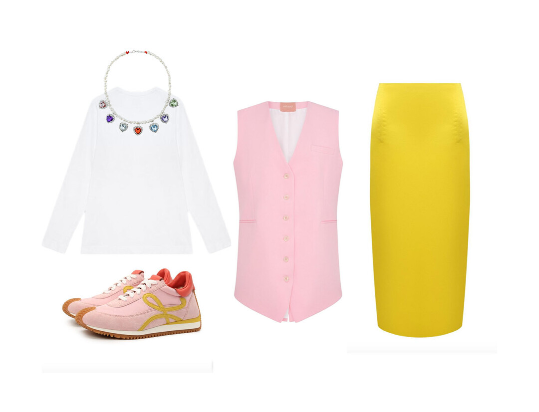 Жилет Mai Mai 12 000 руб., юбка Prada 165 000 руб., лонгслив Ushatava 4 100 руб., кроссовки Loewe 69 950 руб., колье Poison Drop 4 455 руб.