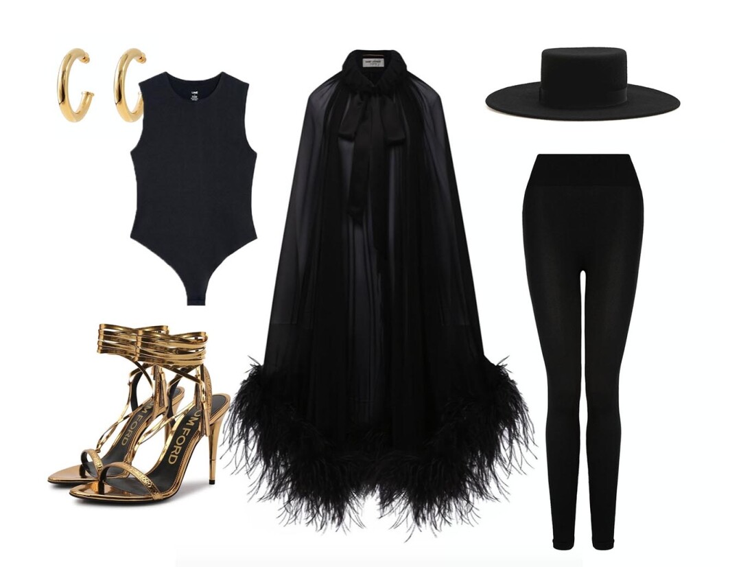 Накидка Saint Laurent, ДЛТ, 483 500 руб., босоножки Tom Ford, ДЛТ, 115 000 руб., боди Lime, 4 999 руб. канотье Cocoshnick, 12 100 руб., легинсы