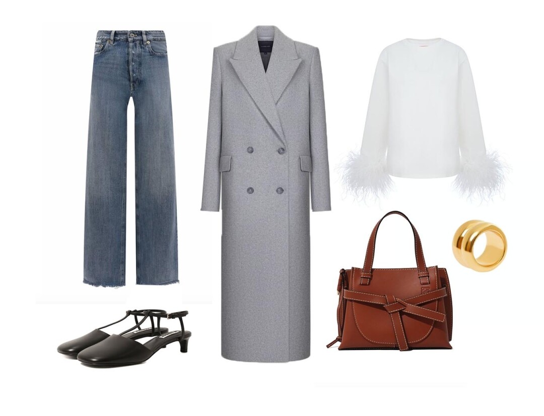 Джинсы Miu Miu, ДЛТ, 86 000 руб., туфли Jil Sander, ДЛТ, 49 050 руб., сумка Loewe, 251 500 руб., пальто Namelazz, 29 900 руб., лонгслив Mai Mai, 18