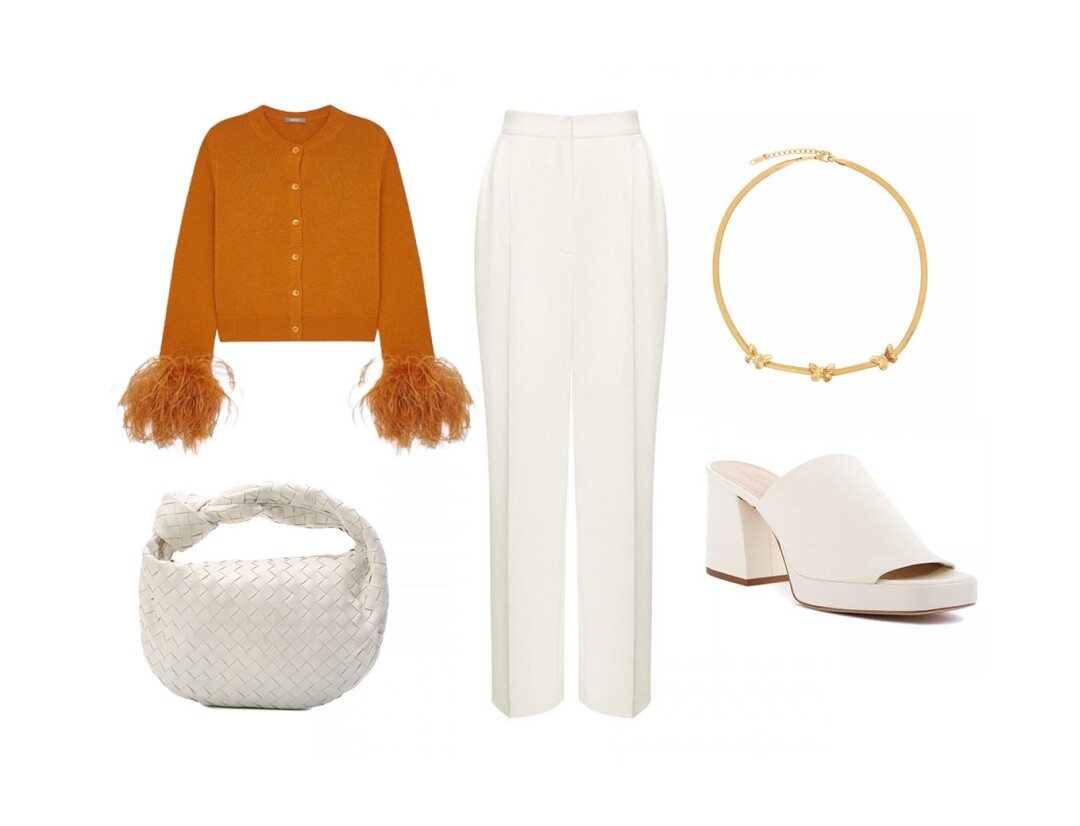 Кардиган 12Storeez, 19 980 руб., брюки 12Storeez, 12 980 руб., мюли V Season, No One, 40 490 руб., сумка Bottega Veneta, ДЛТ, 198 500 руб., колье Posh