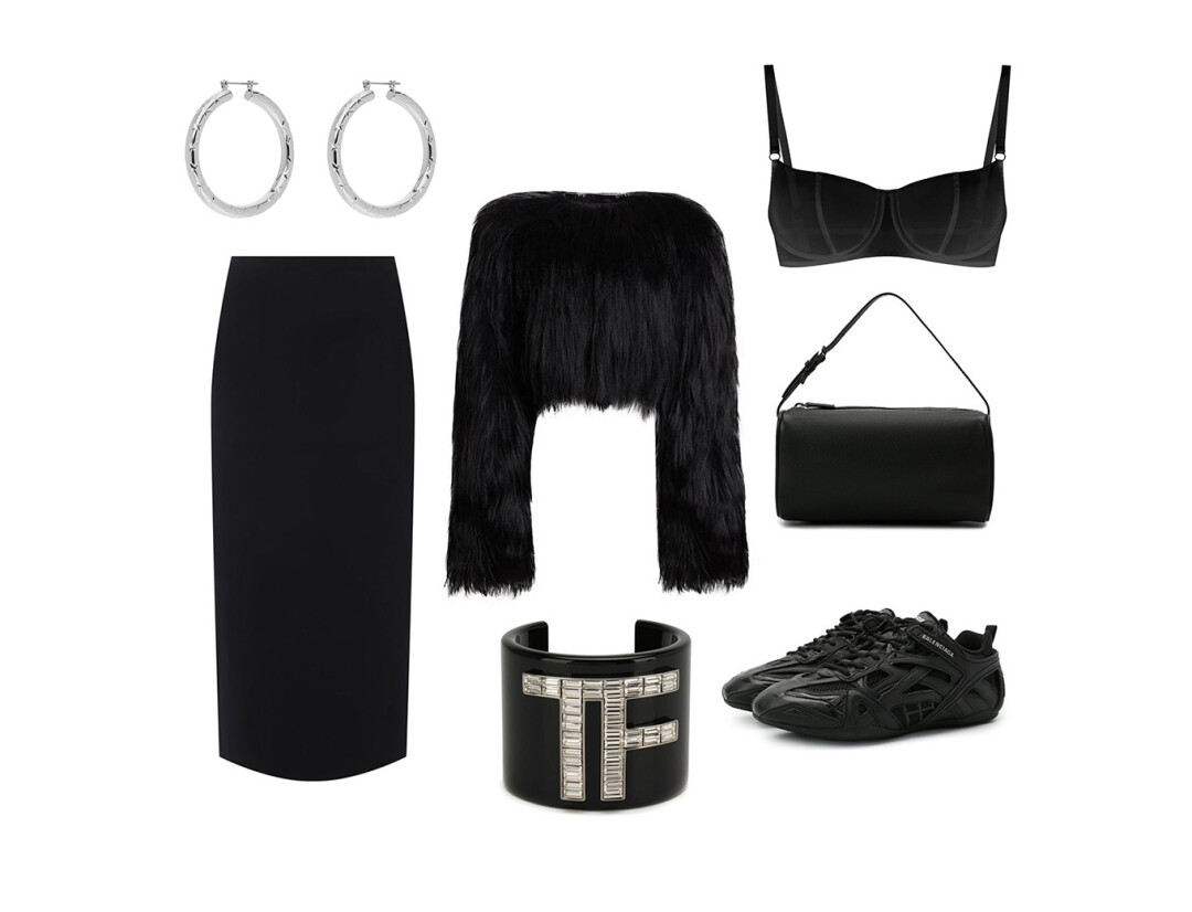 Шуба The Sxslvt, цена по запросу, юбка The Row 42 750 руб., сумка The Row 114 000 руб., кроссовки Balenciaga 77 000 руб., браслет Tom Ford, 128 500