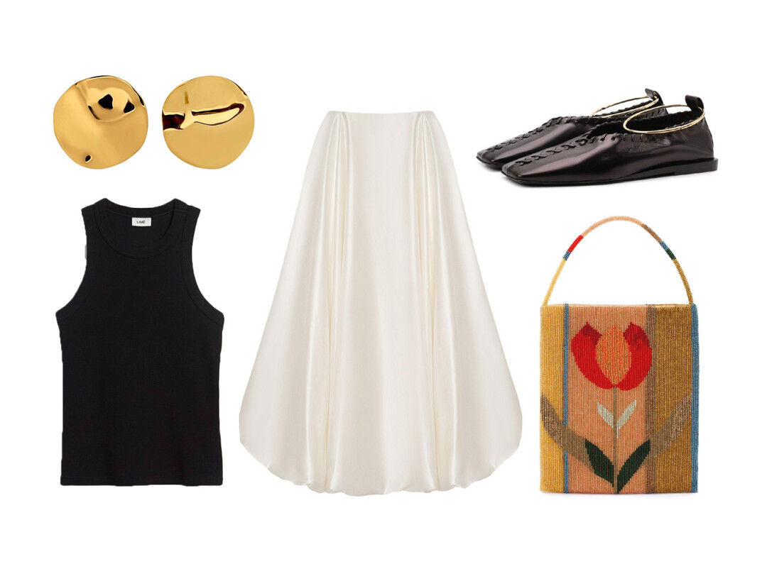 Юбка Pervert, 60 000 руб., майка Lime, 1 399 руб., балетки Jil Sander, ДЛТ, 68 500 руб., серьги Ms.Marble, ДЛТ, 16 200 руб., сумка The Row, ДЛТ, 264