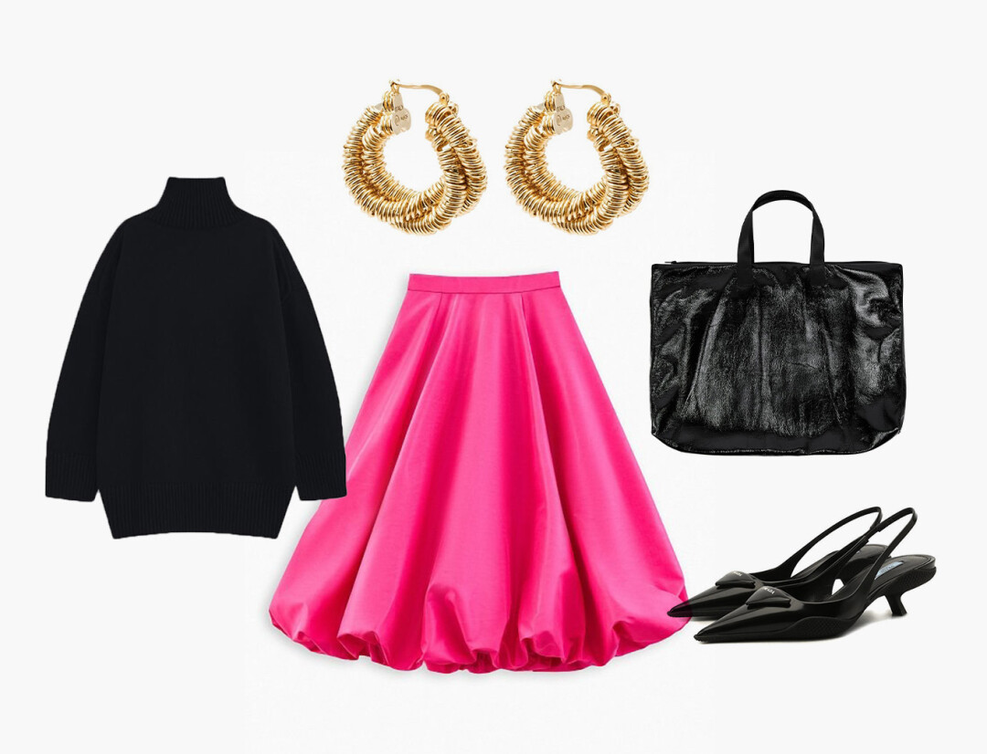 Юбка Charuel, 6 990 руб., свитер Studio29, 9 400 руб., туфли Prada, ДЛТ, 97 000 руб., серьги Bottega Veneta, ДЛТ, 85 850 руб., сумка-шоппер OlaOla, 14