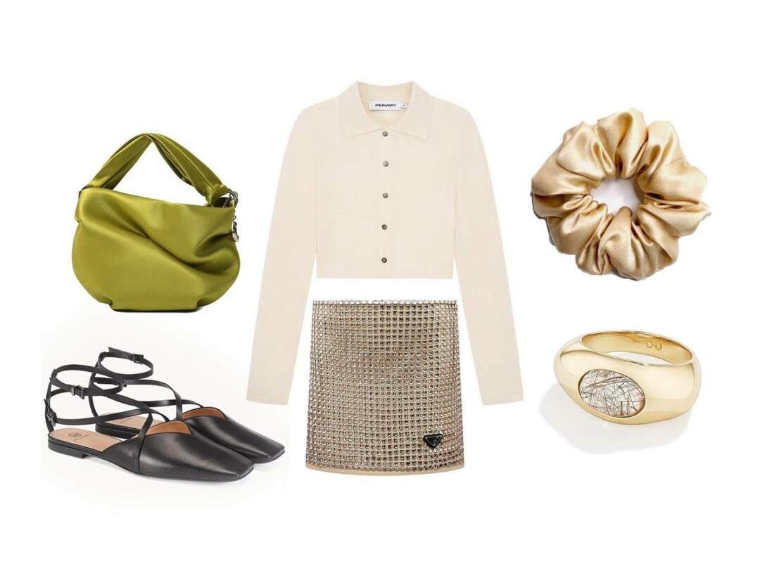Юбка Prada, ДЛТ, 430 000 руб., топ Pervert, 25 000 руб., сумка Jimmy Choo, ДЛТ, 128 500 руб., балетки Ekonika, 8 890 руб., резинка REAL SILK, Золотое
