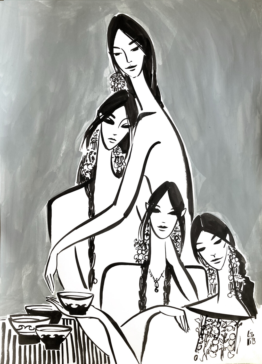 «Сестры», бумага, акрил