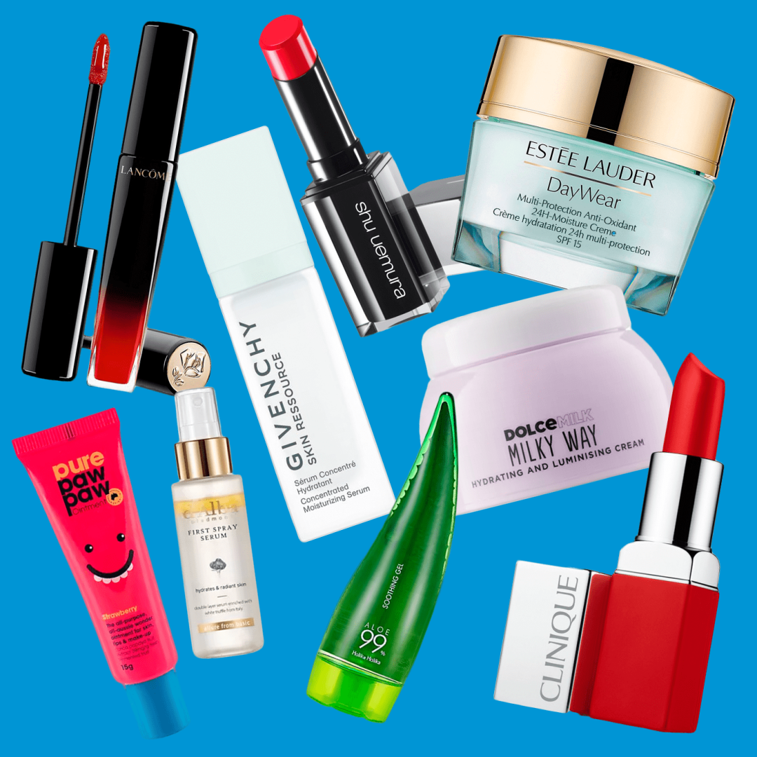 Жидкая помада Lancome, увлажняющая сыворотка для лица Givenchy, защитный крем Estée Lauder, помада Rouge Unlimited, спрей-сыворотка d`Alba, помада