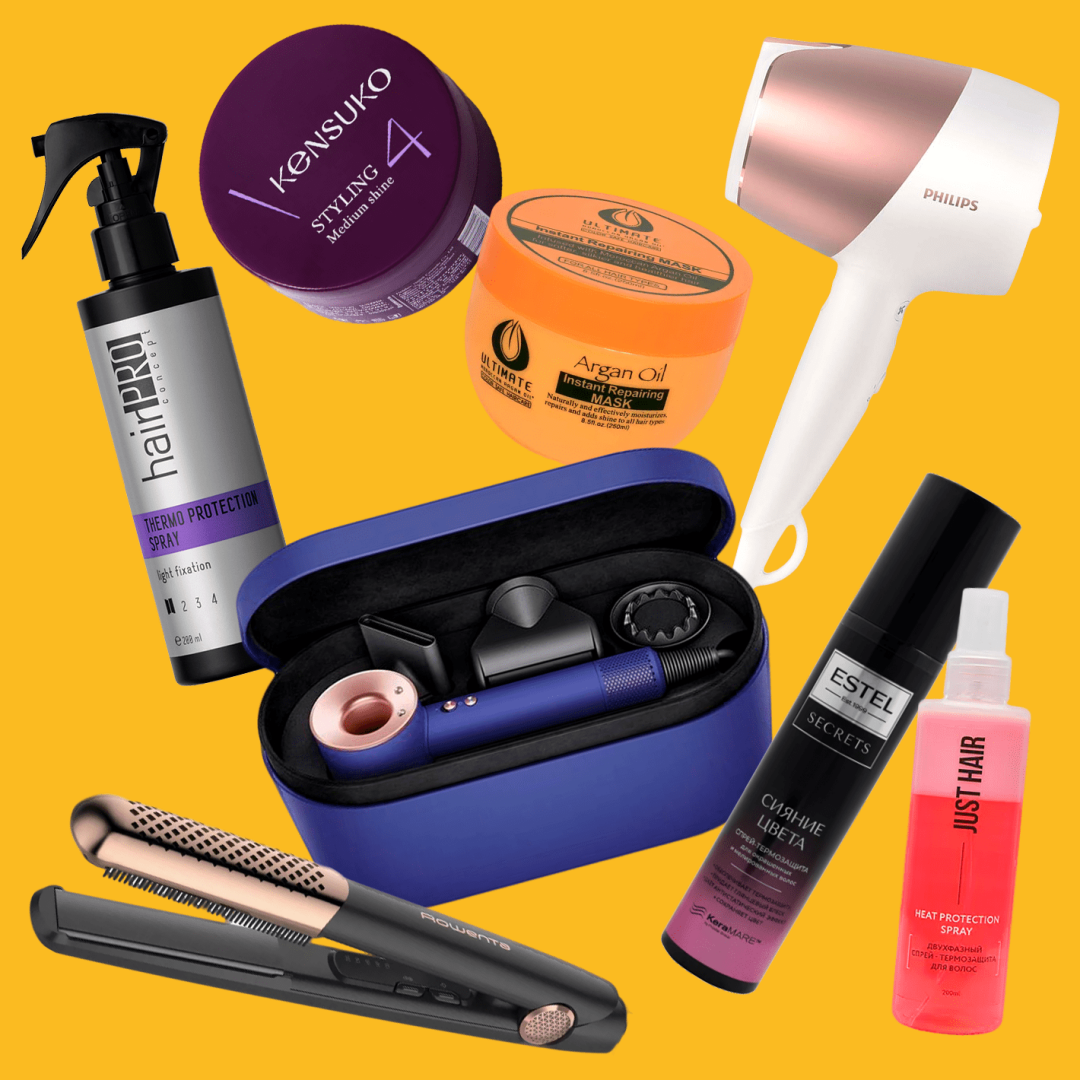Фен Dyson, выпрямитель для волос Rowenta, фен Philips (все — «М.Видео»). Маска для волос Ultimate Moroccan Argan Oil, помада для укладки волос Kensuko