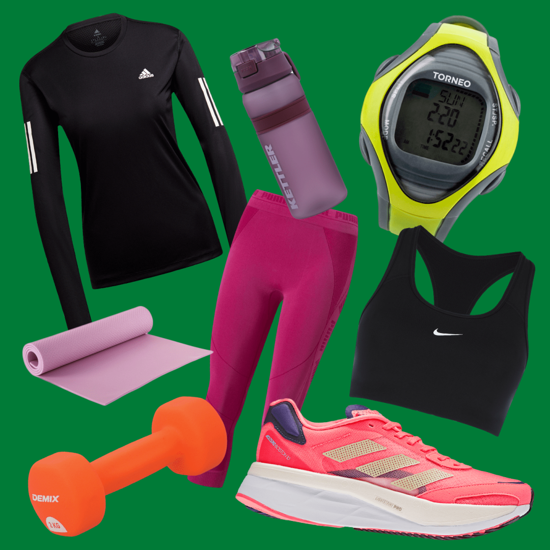 Лонгслив Adidas, легинсы PUMA, топ-бра Nike, кроссовки Adidas, гантель Demix, бутылка Kettler, монитор сердечного ритма Torneo, коврик для фитнеса