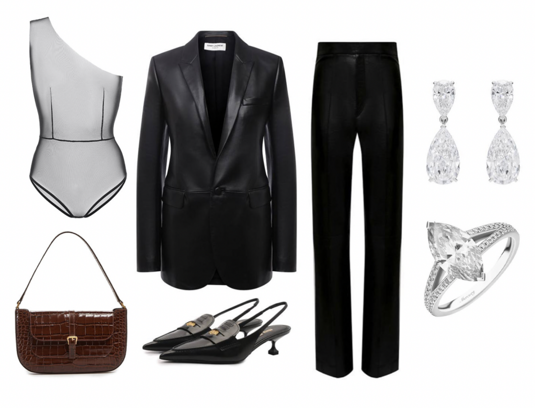 Пиджак Saint Laurent, ДЛТ, 423 000 руб., брюки Isabel Marant, ДЛТ, 277 500 руб., боди PETRA, 3 900 руб., сумка BY FAR, Au Pont Rouge, 50 900 руб