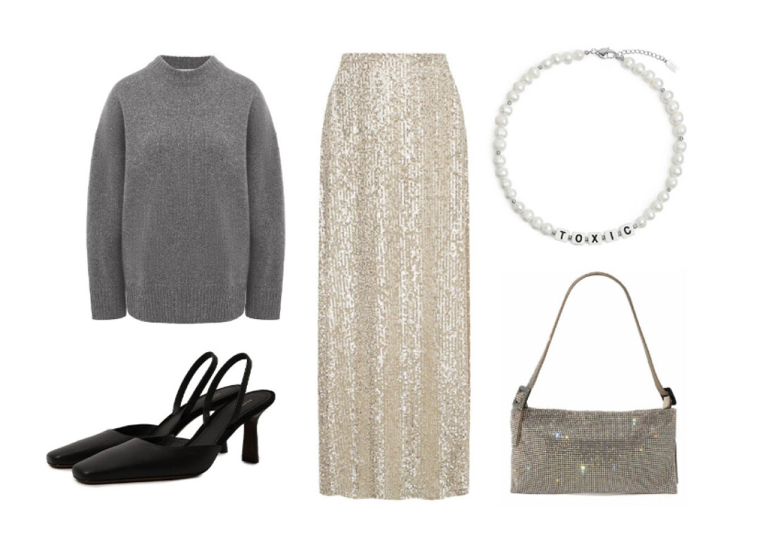 Юбка Pervert, 30 000 руб., свитер CO, ДЛТ, 77 100 руб., туфли Neous, ДЛТ, 55 350 руб., сумка Benedetta Bruzziches, ДЛТ, 42 600 руб., ожерелье Кotlo