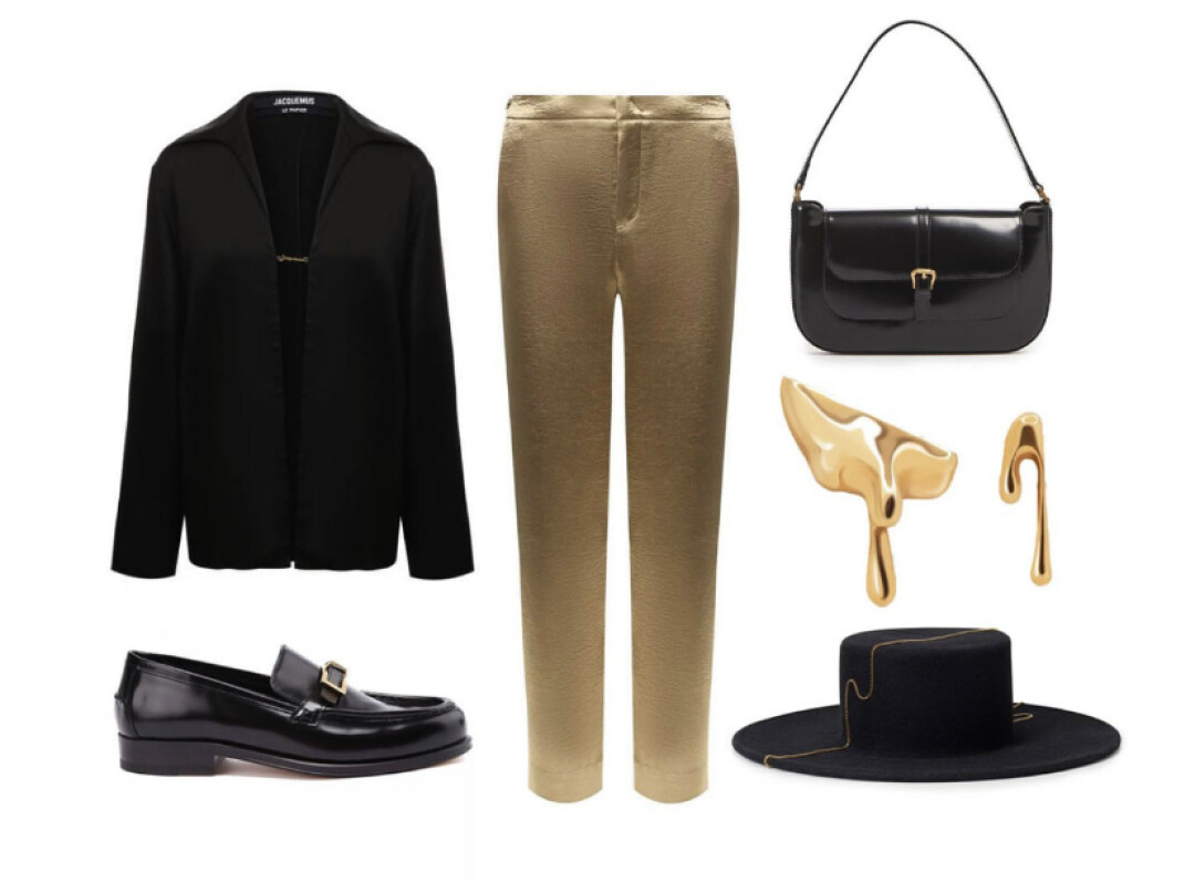 Блузка Jacquemus, ДЛТ, 58 050 руб., HUGO, ДЛТ, 18 700 руб., сумка BY FAR, Au Pont Rouge, 50 900 руб., туфли Sergio Rossi, NO ONE, 53 890 руб., серьги