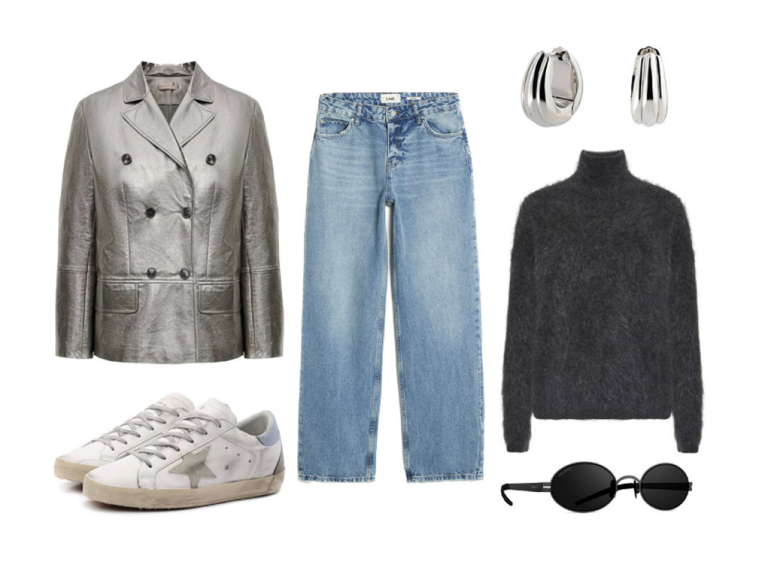 Жакет 12 Storeez, 21 980 руб., джинсы Lime, 4 599 руб., кеды Golden Goose, ДЛТ, 52 500 руб., свитер MONNCASHMERE, 25 980 руб., очки Gresso, 18 400 руб