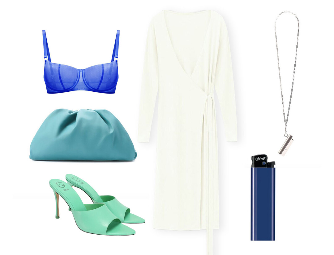 Платье Ushatava, 7 900 руб., балконет The POBY, 7 300 руб., клатч Bottega Veneta, ДЛТ, 207 500 руб., мюли Эконика, 17 990 руб., держатель для