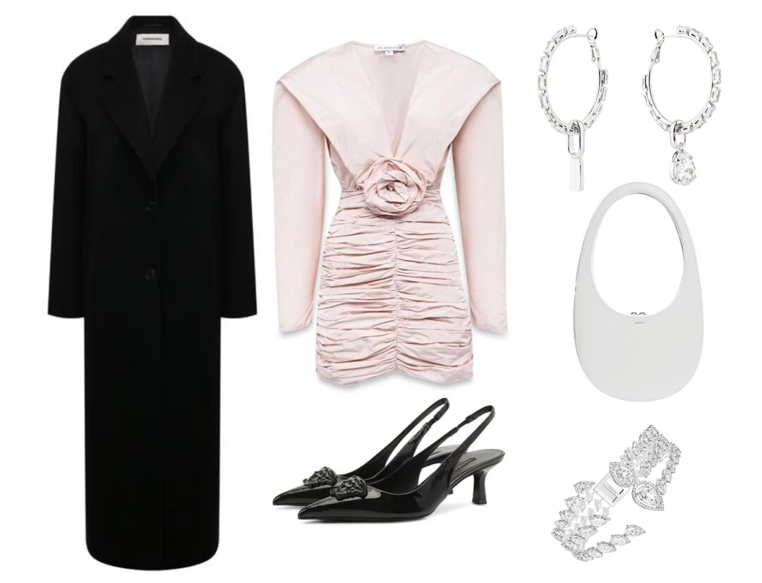 Пальто Sashaverse, ДЛТ, 135 000 руб., платье KALMANOVICH, 66 600 руб., туфли Versace, ДЛТ, 83 800 руб., сумка Coperni, KM20, 68 600 руб., браслет