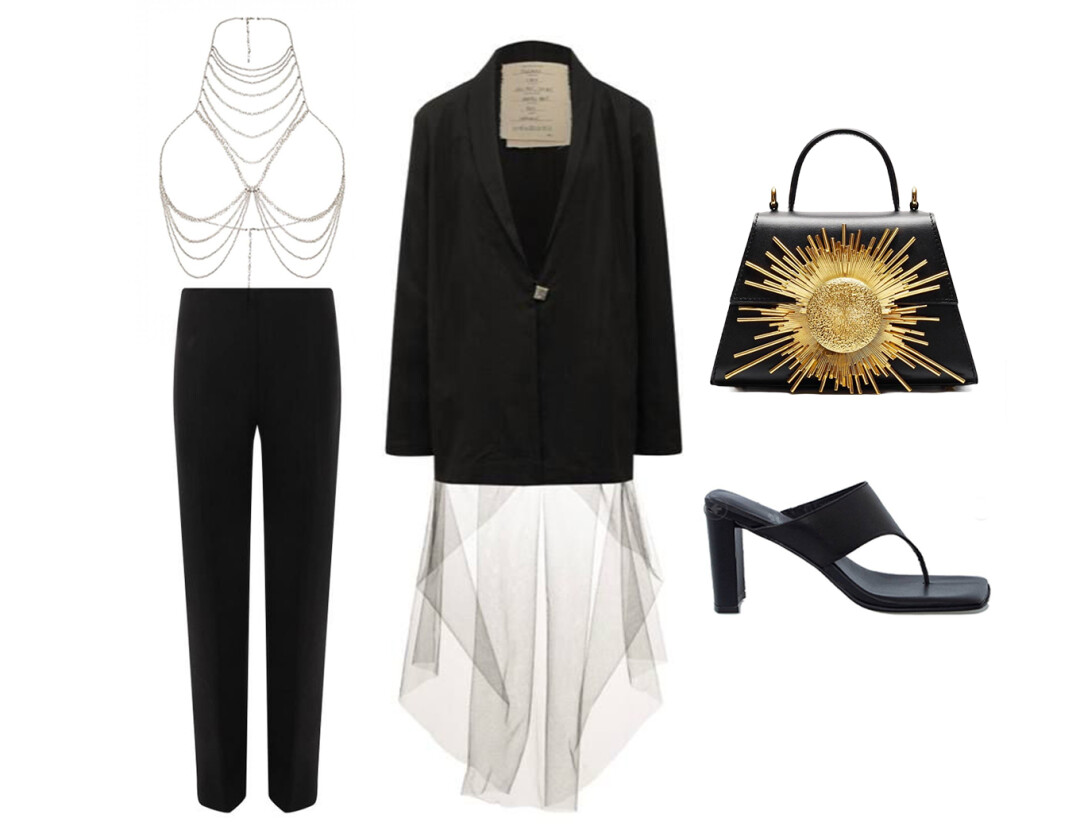 Жакет Midgard Paris, ДЛТ, 49 000 руб., брюки Philosophy di Lorenzo Serafini, ДЛТ, 26 950 руб., туфли Jeffrey Campbell, Golden Line, 21 600 руб., сумка