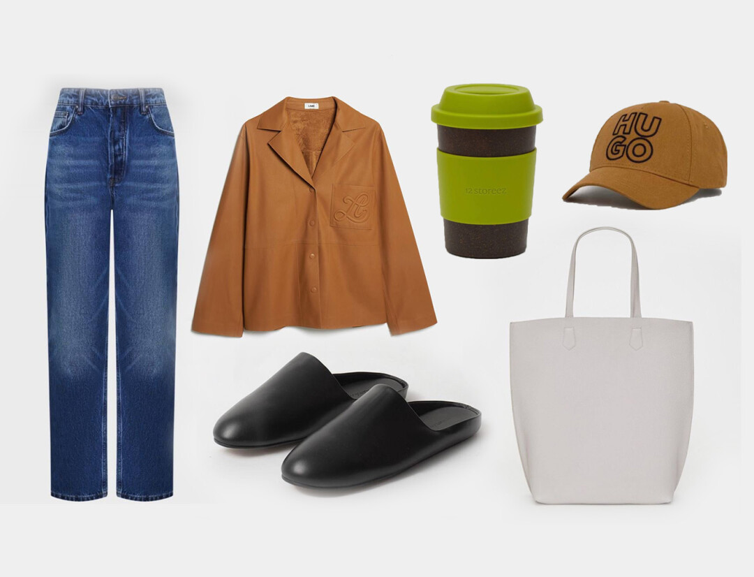 Джинсы 12 Storeez, 12 980 руб., мюли Ushatava, 14 900 руб., сумка-шопер 12 storeez, 29 980 руб., стакан 12 Storeez, 1 980 руб., кепка HUGO, СТОКМАНН