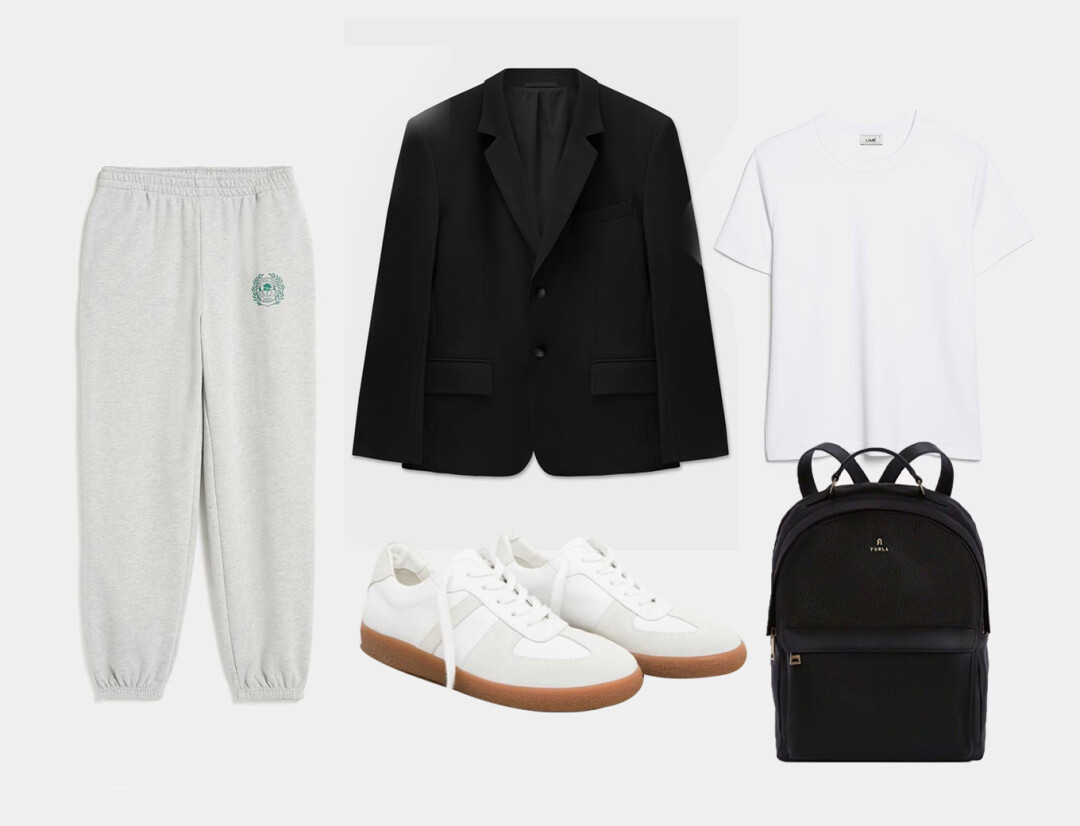 Джоггеры Lime, 3 599 руб., кеды Lime, 9 999 руб., футболка Lime, 999 руб., пиджак Ushatava, 18 900 руб., рюкзак Furla, 41 000 руб.