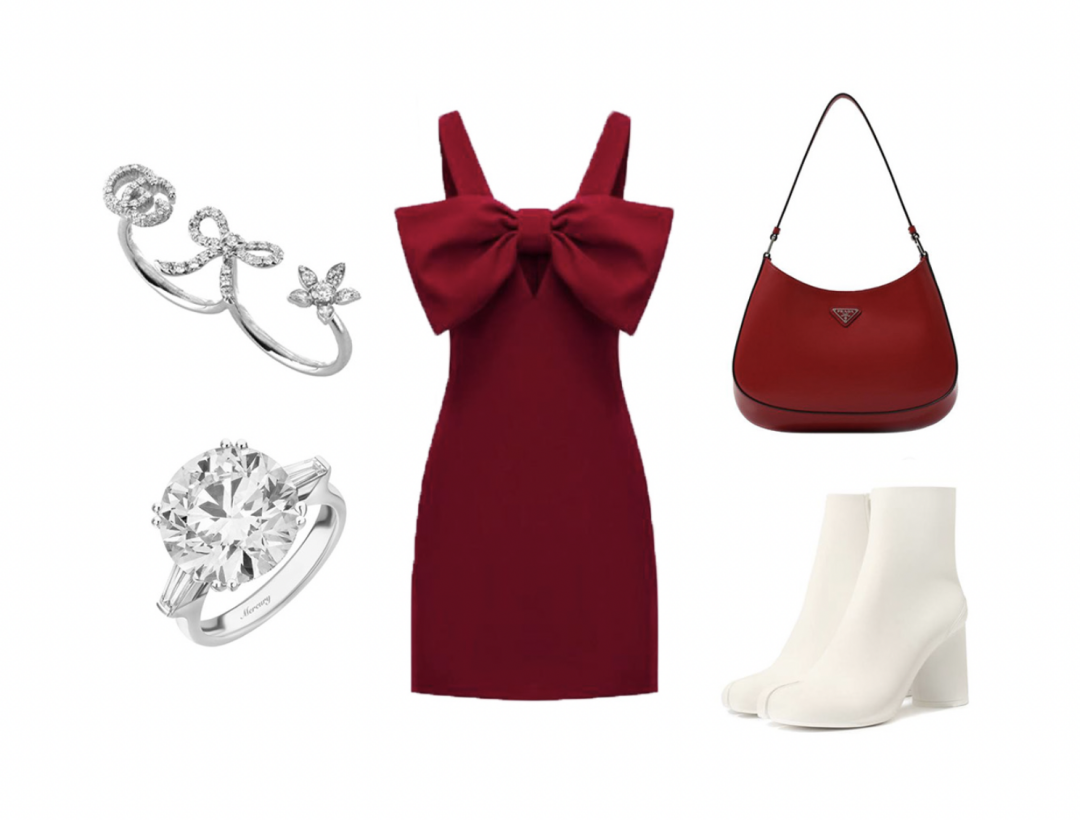 Платье 12 Storeez, 12 980 руб., ботильоны Maison Margiela, ДЛТ, 69 050 руб., сумка Prada, ДЛТ, 245 000 руб., кольцо Gucci, Mercury, 715 000 руб