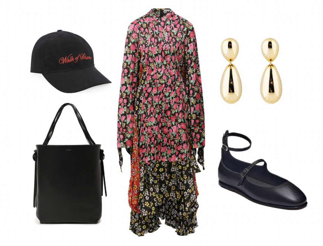 Платье Balenciaga, ДЛТ, 456 500 руб., сумка Neous, ДЛТ, 69 950 руб., балетки RAZUMNO, 29 500 руб., кепка Walk of Shame, BABOCHKA, 6 000 руб.