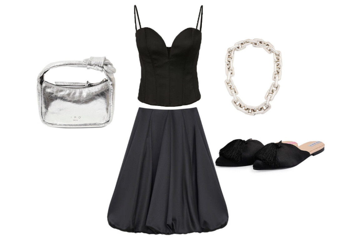 Топ Love Republic, 3 199 руб., юбка INSPIRE GIRLS, 6 590 руб., мюли RxBSHOES, 15 900 руб., сумка IRO, 32 000 руб., колье Bottega Veneta 480 500 руб.