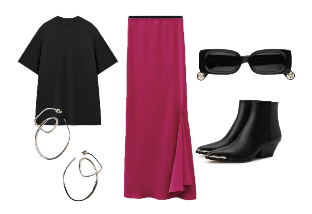 Юбка Ushatava, 15 500 руб., футболка Ushatava, 5 300 руб., казаки Sergio Rossi, ДЛТ, 84 350 руб., очки P.Y.E, 14 500 руб., серьги 48 Jewelry, 6 000