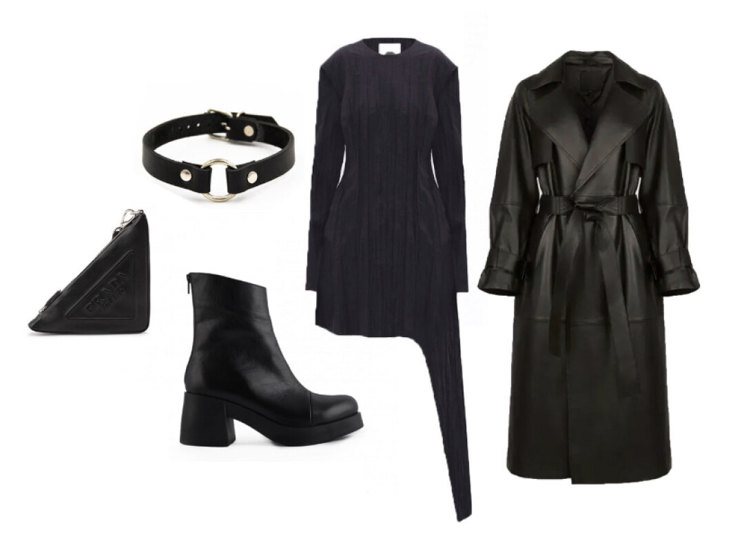 Платье Svoya, 14 300 руб., тренч Love Republic, 39 999 руб., ботинки Sintezia, 9 900 руб., ошейник Castle Rock, 510 руб., клатч Prada, ДЛТ, 150 000