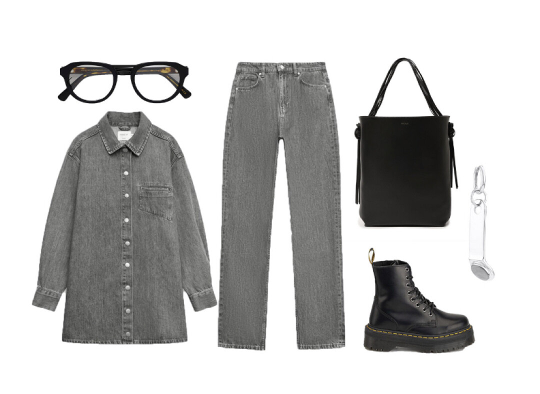 Рубашка Studio 29, 6 900 руб., джинсы Studio 29, 6 900 руб., ботинки Dr. Martens Jadon Black, 30 250 руб., очки P.Y.E, 8 800 руб., сумка Neous, ДЛТ