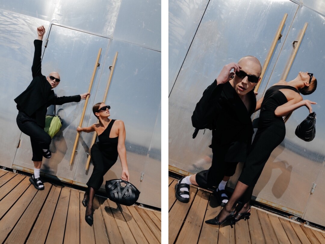 На Лере асимметричные туфли-лодочки от VIC MATIE’. Дополняет образ сумка из новой коллекции VIC MATIE’ с переплетенными полосками кожи и спрятанным