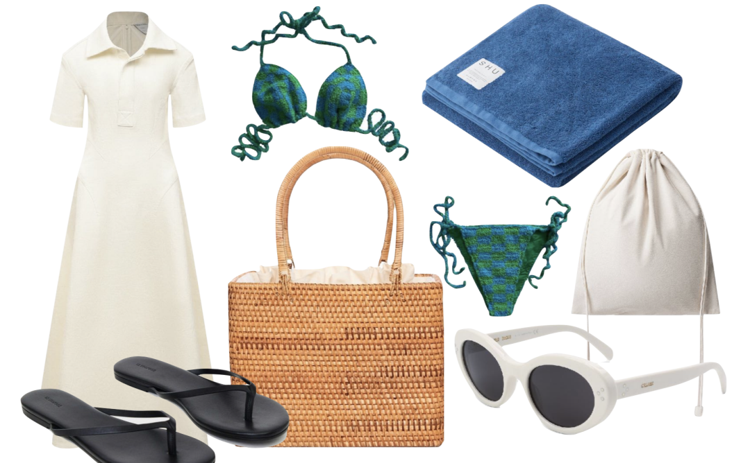 Полотенце, SHU, 2 990 руб., вьетнамки, 12Storeez, 9 980 руб., очки, Celine, ДЛТ, 57 950 руб., сумка, Pache, 3 400 руб., платье, Bottega Veneta, ДЛТ