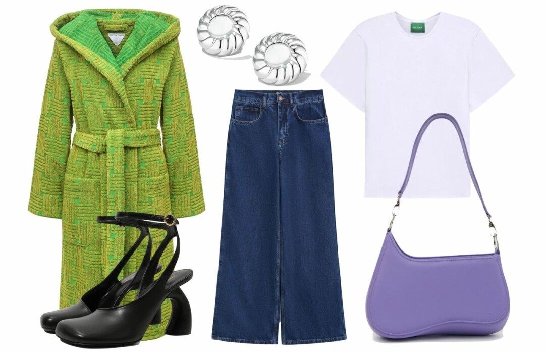 Халат, Bottega Veneta, ДЛТ, 49 500 руб., джинсы, BLCV, 15 900 руб., сумка, Arny Praht, 6 900 руб., серьги, Avgvst, 23 800 руб., туфли, Dries Van Noten