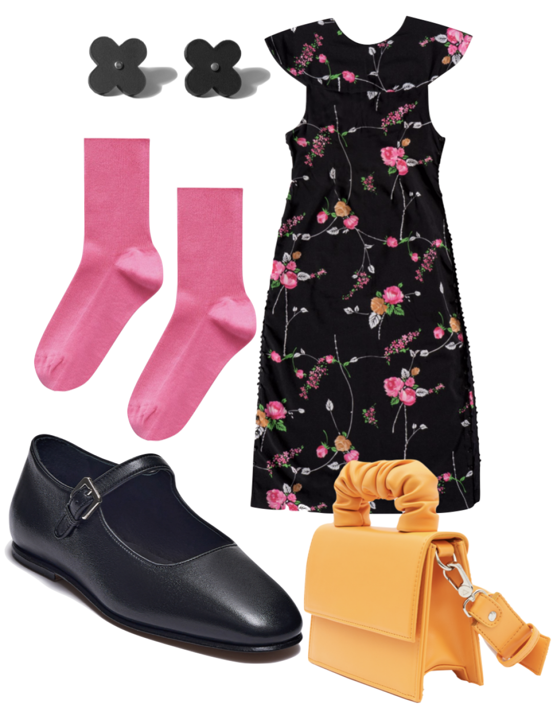 Балетки Razumno, 32 000 руб., платье m_u_r, 22 500 руб., носки Finn Flare, Lamoda, 399 руб., сумка Arny Praht, 7 100 руб., серьги alvaar, 2 500 руб.