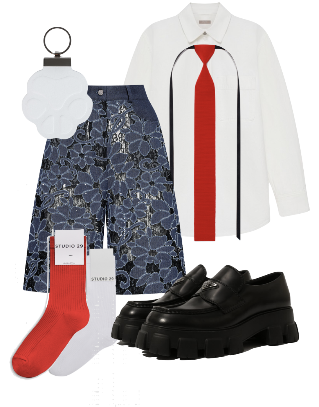 Шорты Ola Ola, 13 515 руб., галстук House of Leo, 6 000 руб., рубашка 12storeez, 11 980 руб., лоферы Prada, ДЛТ, 100 000 руб., носки красные Studio 29
