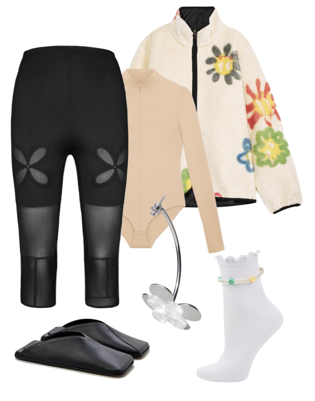 Капри J.Kim, 24 000 руб., флиска Carne Bollente, KM20, 20 000 руб., моносерьга alvaar, 3 500 руб., боди Ushatava, 5 900 руб., мюли MM6 Maison Margiela