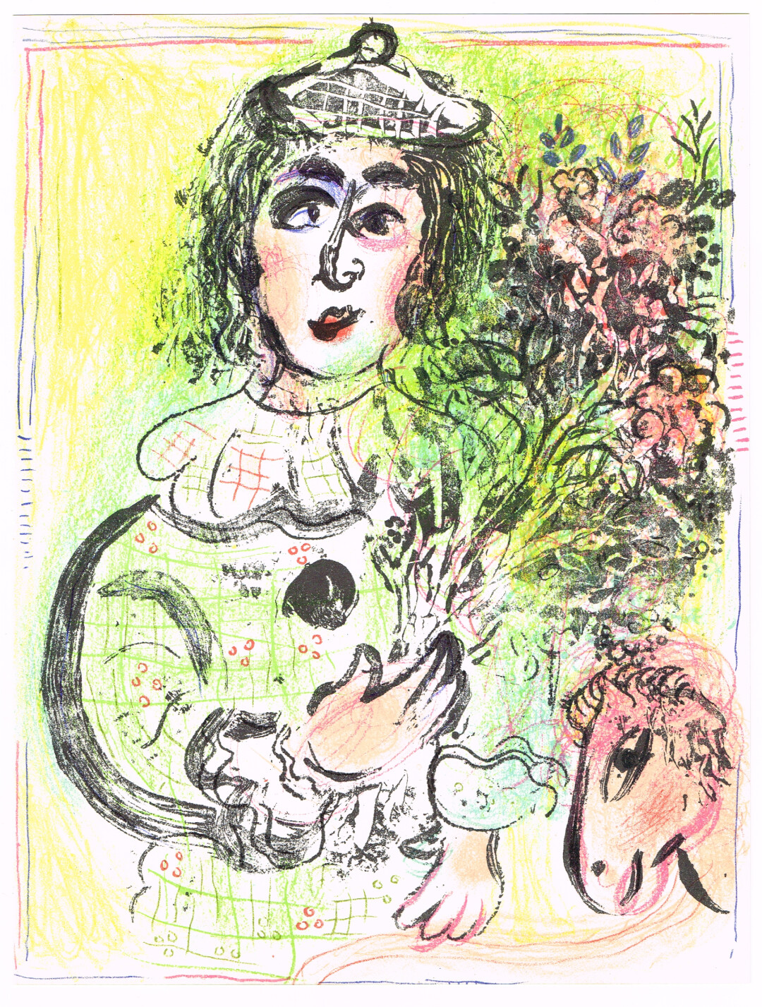 Марк Шагал, "Клоун с цветами". Литография. Издательство André Sauret, 1963 год