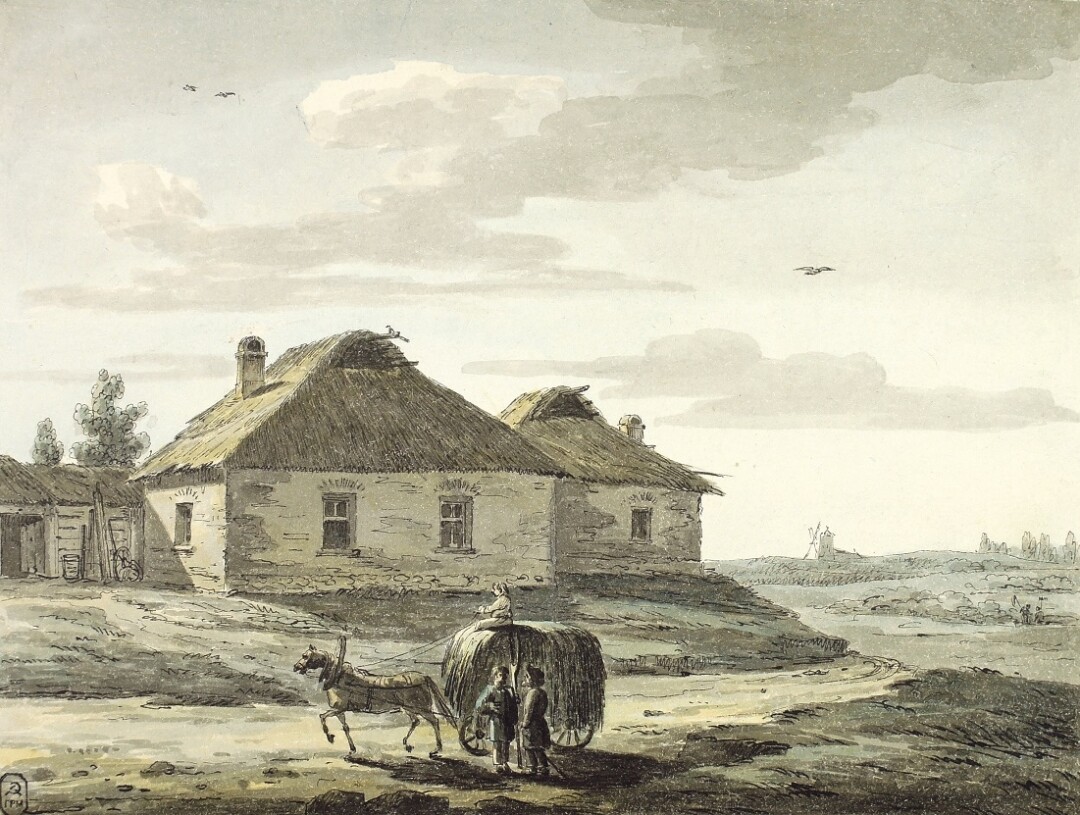 Максим Воробьев, "Хаты в селе Никольском". 1812 год. Бумага, акварель, тушь, кисть, перо