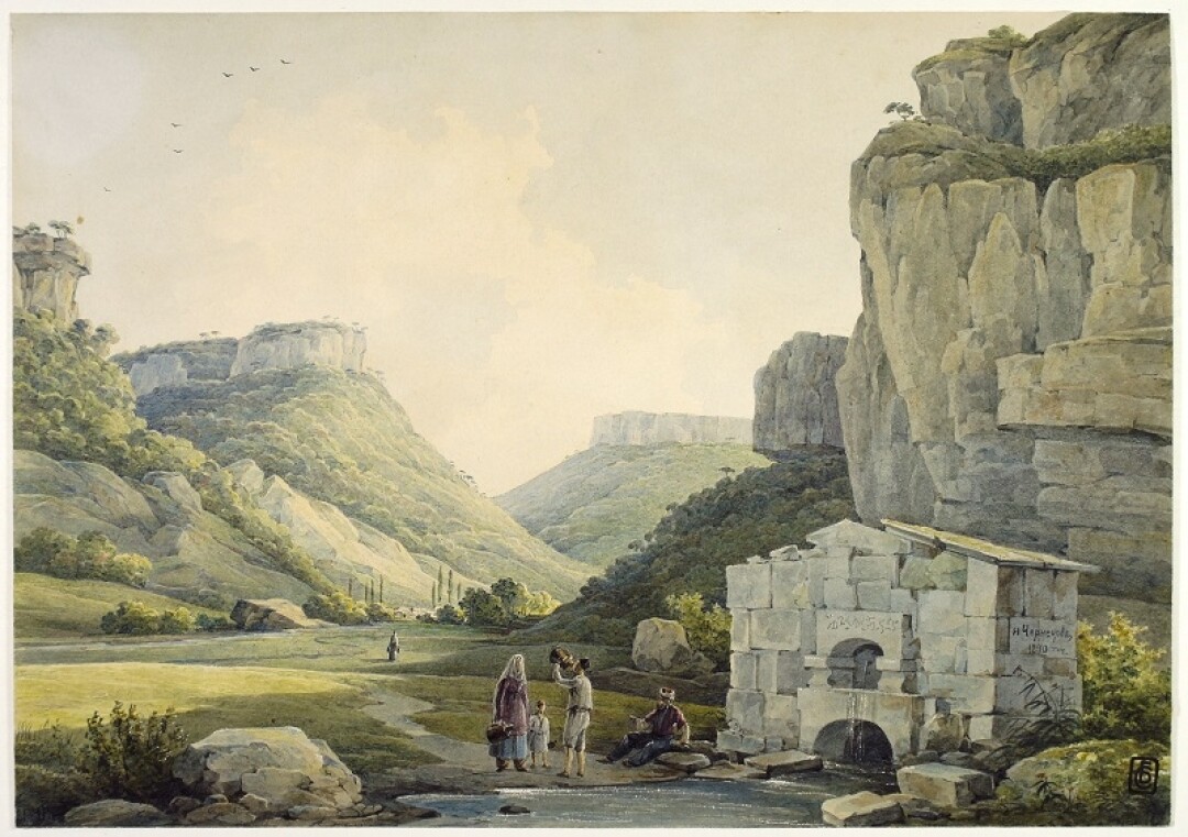 Никанор Чернецов, "На Кавказе". 1840 год. Бумага, акварель, процарапка, лак