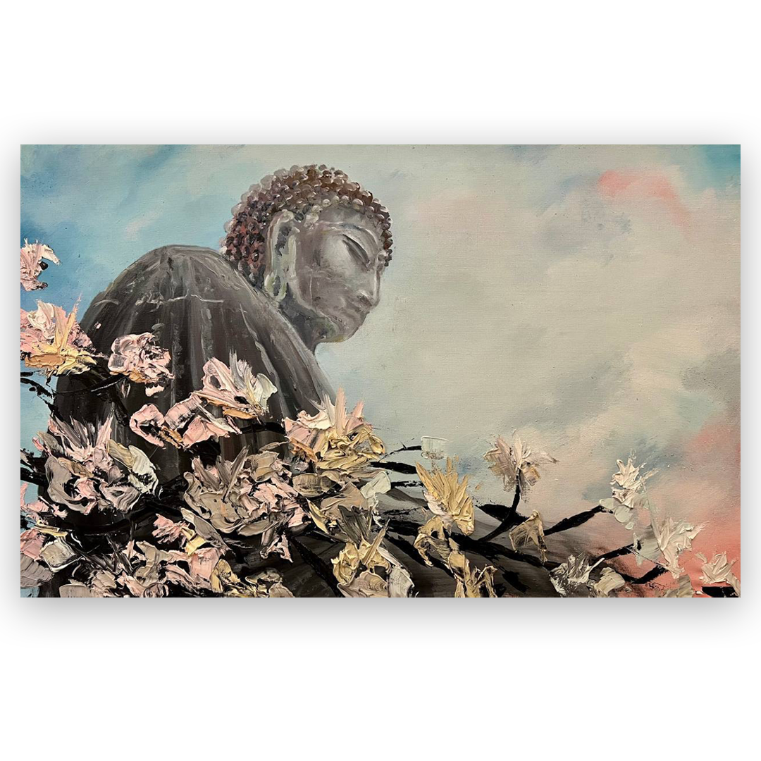 Николай Воронин, «Будда с цветами» Холст, масло, 95х60 см Художник, преподаватель каллиграфии и восточной живописи и участник различных выставок, в