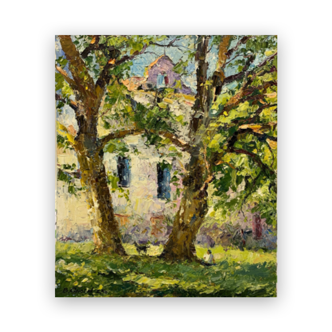 Вадим Оносов, «Графские дубы» Ткань на ДВП, масло, 40х50 см, 2023 г. Основатель и участник концептуальной творческой группы «Купили» и член