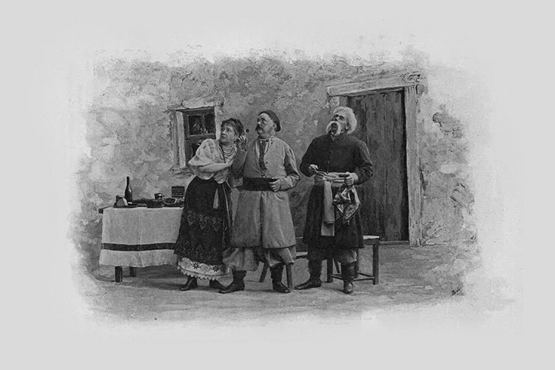 Сцена из второго действия. Свояченица: Мария Каменская; Винокур: Григорий Угринович; Голова: Федор Стравинский. Ежегодник Императорских театров. 1894