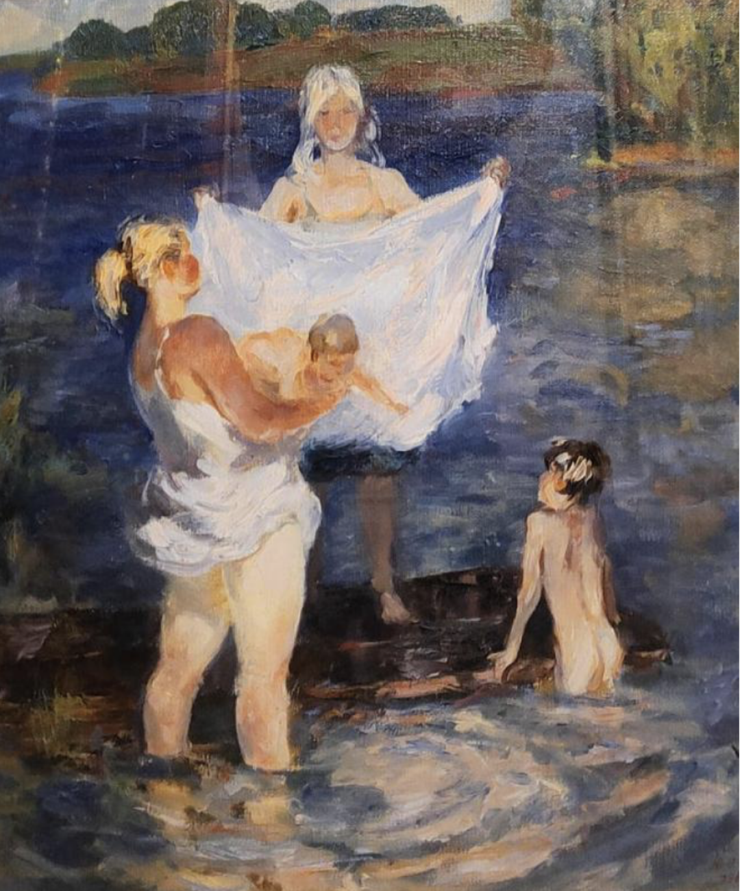 Юрий Пенушкин. "Купание ребенка в летний день". 1985 год. Холст, масло
