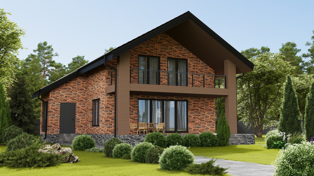 Проект двухэтажного дома с террасой и балконом