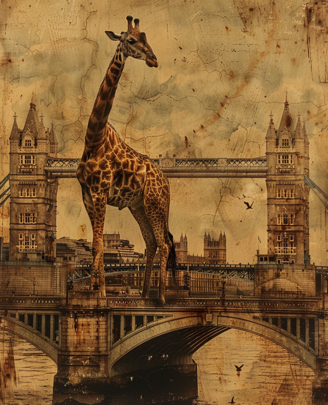 Изображение, которое Павел сделал во время нашего интервью. Промт: жираф, стоящий на лондонском мосту, в стиле Рубенса