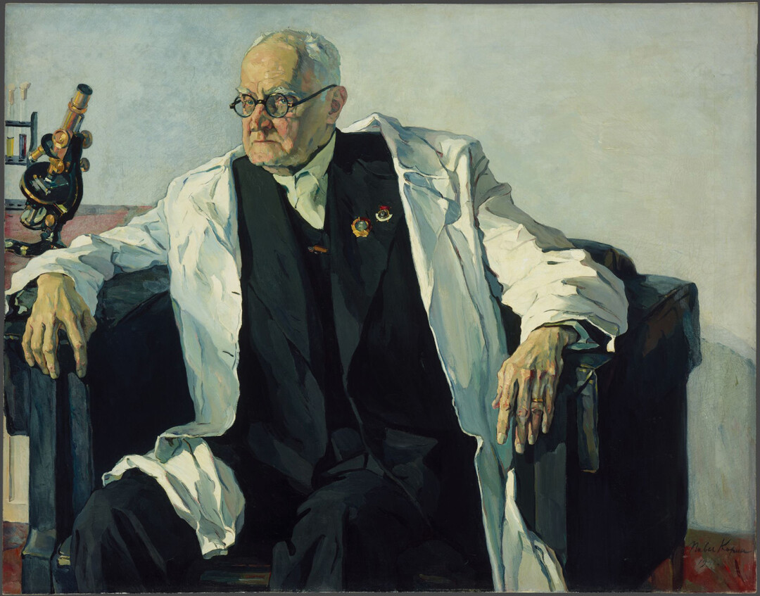 «Портрет академика, бактериолога Николая Федоровича Гамалея» (1941) кисти Павла Корина хранится в Третьяковской галерее