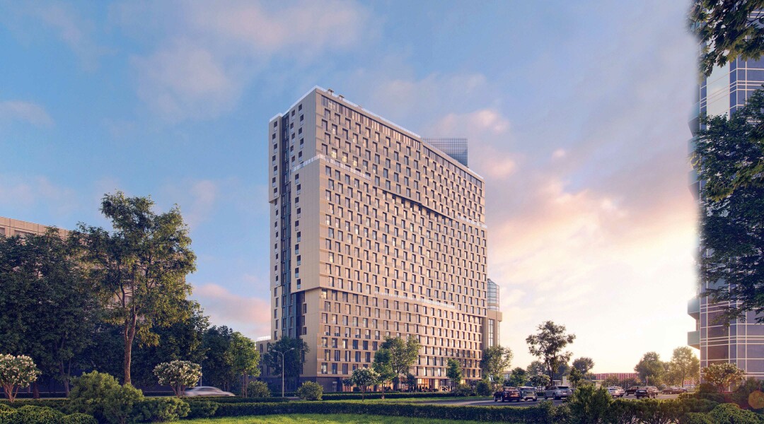 Из панорамных окон YE'S Leader виден парк, а ближайщий сосед апарт-отеля — первый в Петербурге небоскреб