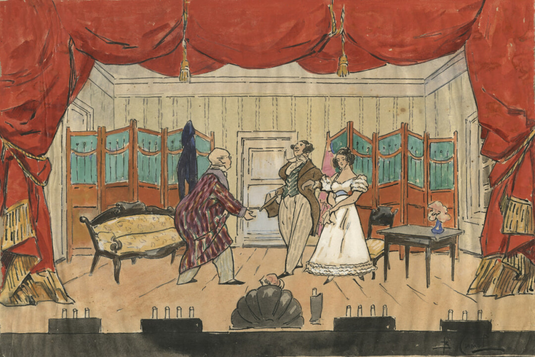 Виктор Андреевич Симов (1858–1935), «Водевиль в старинном театре», начало 1920-х Бумага, акварель, белила, тушь, перо