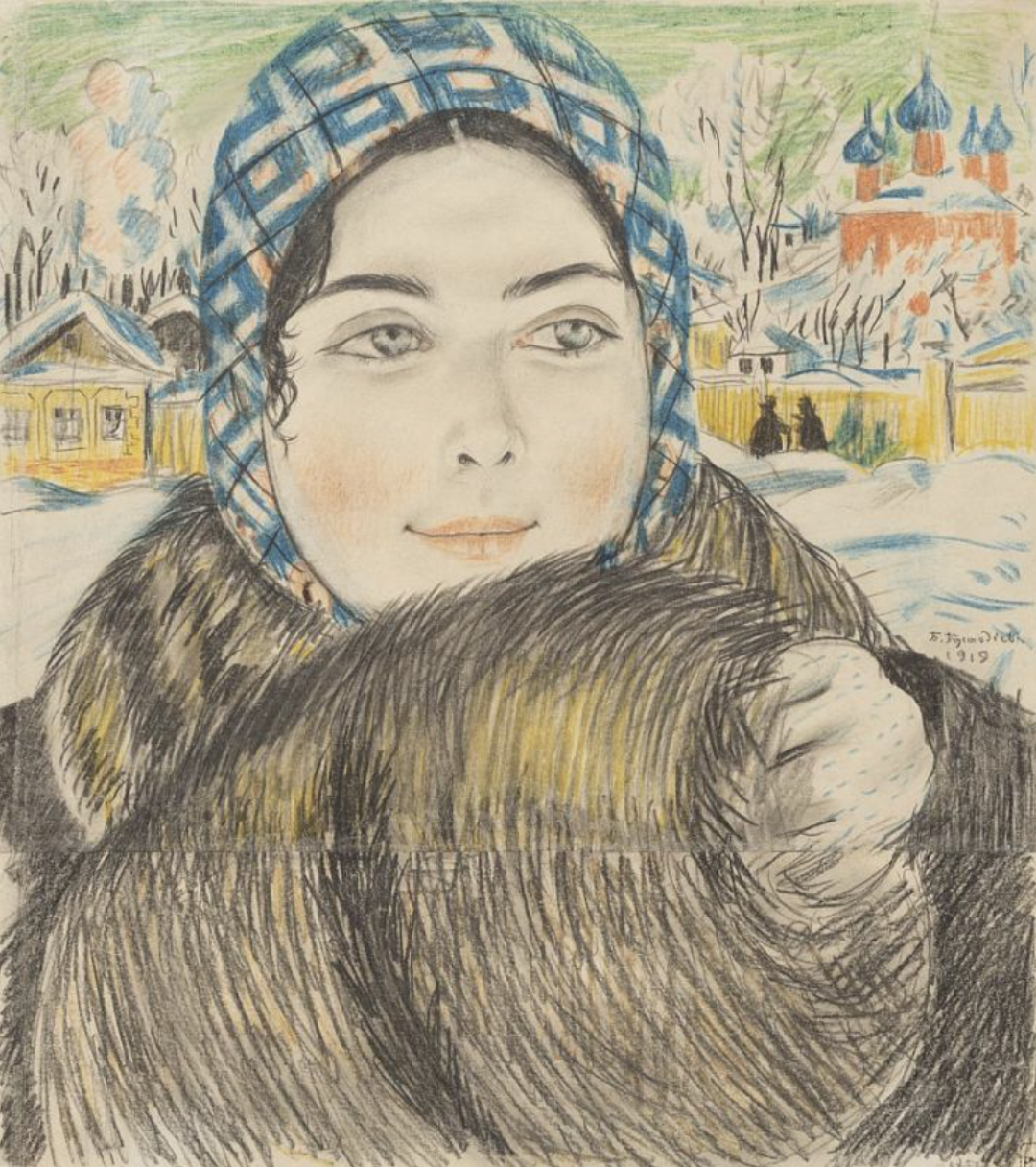 Б.М. Кустодиев, "Молодая купчиха в клетчатом платочке". 1919. Бумага, карандаш свинцовый, цветной карандаш