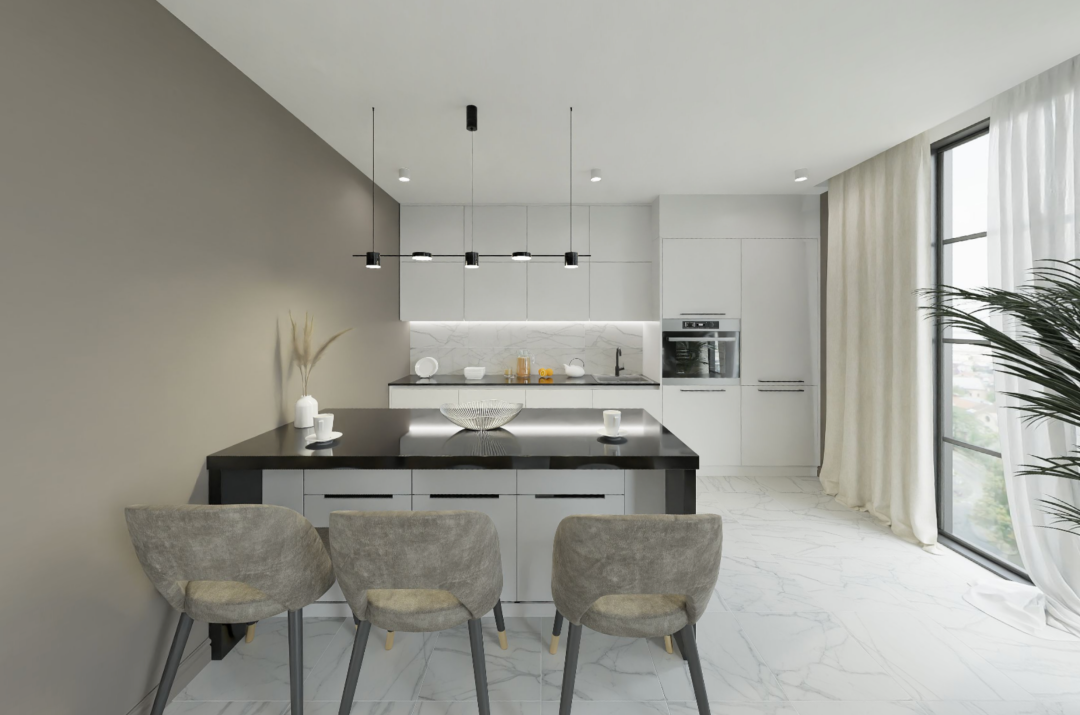 Пример применения коллекции Carrara Nova в кухне-гостиной