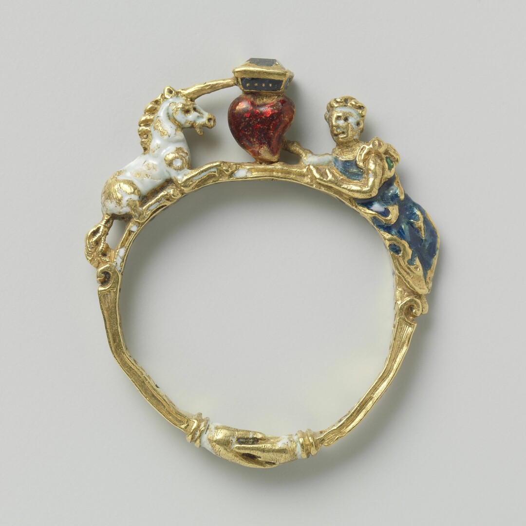Кольцо с дамой, единорогом, сердцем и двумя соединенными руками, 1550 - 1600, Южная Германия, Рийксмузеум, Амстердам